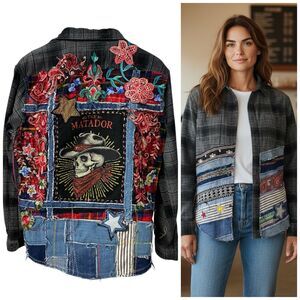 Upcycled Flannel Shirt Shacket Womens Large Skull Cowboy Jacket Grunge Patchwork